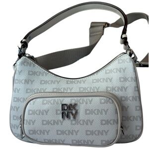 DKNY Gray Shoulder Bag with Text Pattern MSRP 178.00